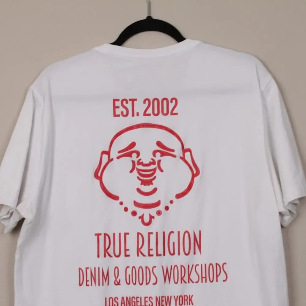 TRUE RELIGION | Mens White Red Buddha Logo Graphic T-Shirt Raised Paint Y2K 2XL